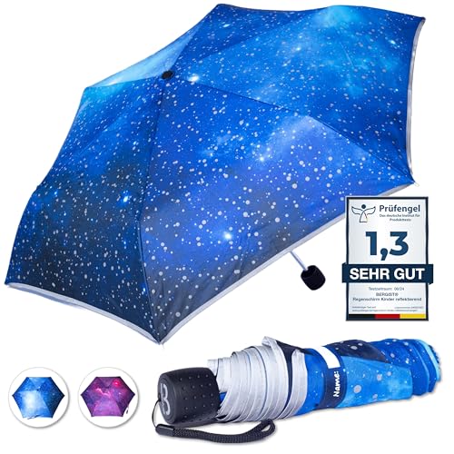 BERGIST® Regenschirm Kinder reflektierend - ultraleicht - Regenschirm Kinder Schulranzen - Kinderschirm mit Safety Reflektoren - Kinder Regenschirm Junge & Mädchen - Modell Galaxie Blau