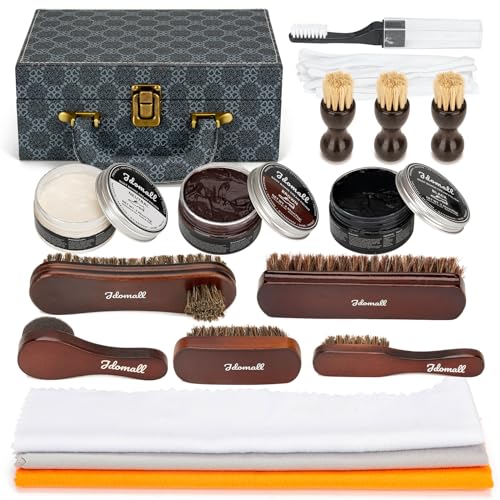 Jdomall Schuhputzset 16tlg, Premium Deluxe Schuhcreme Kit - 2,65 Unzen, Schwarz, Braun und Neutral, mit Bürsten, Poliertuch und mehr für Lederschuhe und Stiefel Pflegeset