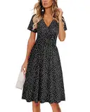 CLOUSPO Damen Sommerkleider Kurzarm Elegant V-Ausschnitt Boho Strandkleider Knielang Rüsche Retro Casual A-line Freizeit Kleider mit Taschen(Ploka Dot, M)