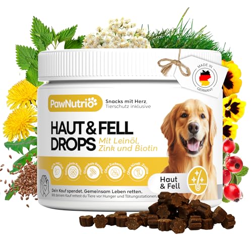 PawNutrio® - Haut & Fell Drops mit Leinöl (Omega 3 & 6) I gegen Juckreiz, Haarausfall & trockene Haut mit Biotin, Bierhefe, Zink & Spirulina I 100% natürlich I ca. 120 STK. I für glänzendes Fell