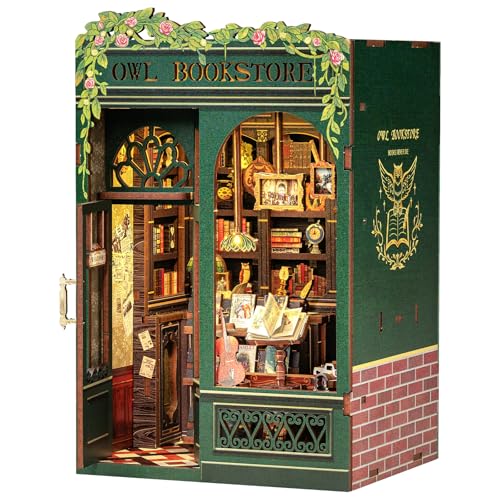 CUTEBEE Book Nook Kit - DIY Miniature House,Puppenhaus Miniatur Haus Selber Baue Bausatz mit Staubschutzhülle und LED-Licht,Booknook Library Modellbausätze für Erwachsene zu Bauen(Owl Bookstore)