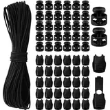 SEPGLITTER Elastische Gummischnur, 30 m Schwarzes Gummiband Gummikordel 30 Stück Reißverschluss und 30 Stück Doppel Loch Kunststoff Cord Locks für Reißverschlusskordeln für Rucksäcke, Schnürsenkel