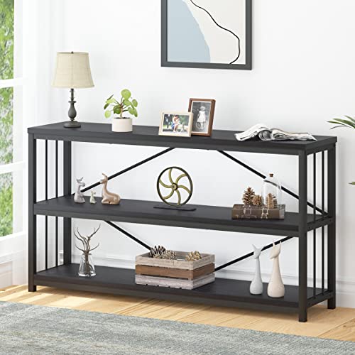 LVB Konsolentisch Schwarz, Schmaler Holz Konsolentisch mit 3 Ebenen Bücherregal, Sofatisch für Wohnzimmer und Flur, Kompakter Flurtisch, 140 x 34 x 74 cm (Schwarz, 140 x 34 x 74 cm)