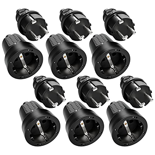 greate 6x Schuko Stecker Kupplung 230V Aussenbereich - Gummistecker Kupplung Set mit Knickschutz, 2-polig, 230V, 16A & 3,7kW - IP44 Stecker und Kupplung 230V schwarz für Außenbereich - Schukostecker