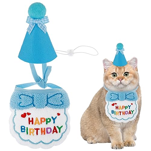 Amaxiu Geburtstagsmütze Schal-Set für kleine Hunde und Katzen, niedliches Haustier Geburtstags Bandana Partyzubehör Welpen Happy Birthday Dekorationen Besticktes für Mädchen Jungen Kätzchen(blau)