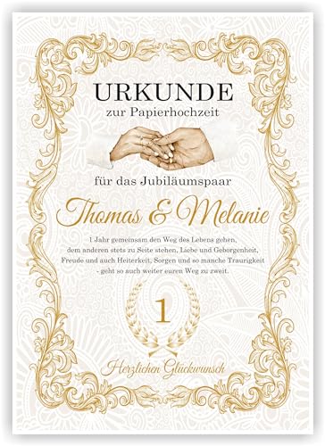 Personalisierte Urkunde zum 1. Hochzeitstag Geschenk zur Papier Hochzeit | Papierhochzeit Karte Personalisiert mit Namen | 1. Jahrestag Geschenkidee Deko DIN A4 (Gold/Braun)