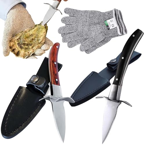 GAOUTO Austernmesser Set, 2 Stücke Holzgriff Austernöffner mit 1 Paar Schutzhandschuhen der Stufe 5 (L), Edelstahl Austernmesser und Handschuh Schnittfeste für Schalentiere oder Hartkäse