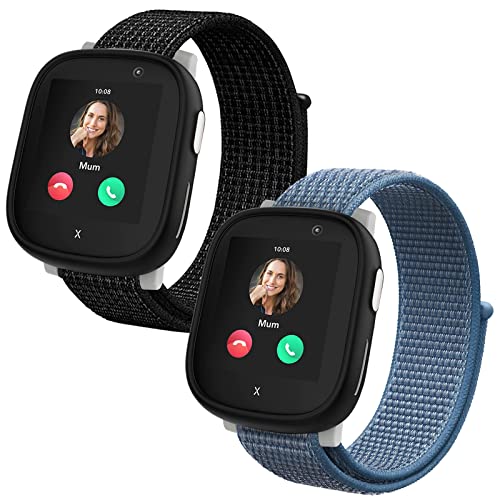 Snyeest 2-Stück Nylon Armbänder kompatibel mit Xplora X6 Armband, Kids Smartwatch Klettverschluss Mädchen Jungen Verstellbare Ersatz Armbänder für X6 Play,Schwarz+Blau