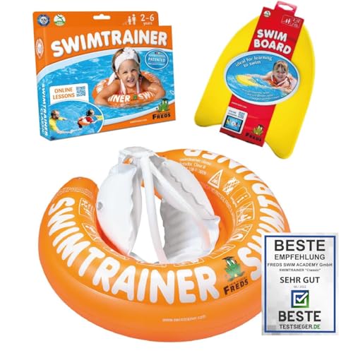 FREDS SWIM ACADEMY SWIMTRAINER Classic Orange + SWIMBOARD – Schwimmset für Kinder von 2 bis 6 Jahren, aufblasbare Schwimmhilfe & Schwimmbrett zur Wassergewöhnung und Schwimmförderung