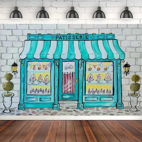 Blauer Konditoreiladen-Fotografie-Hintergrund für geborene Baby-Fotostudio-Booth-Poster-Hintergrund Kinder Kinder 1. Geburtstag Banner 300cmx200cm