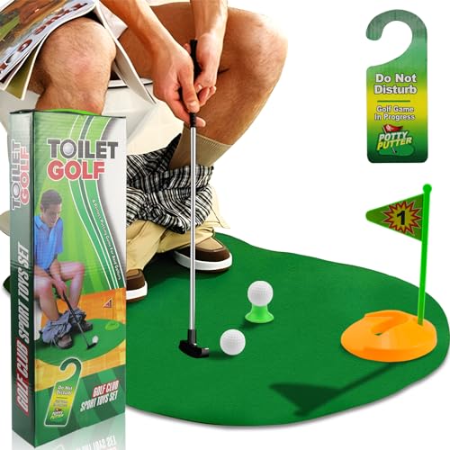 FAELNK Toilettengolf Geschenk Set Toiletten Spiel 7-teiliges Mini Golf Männergeschenk Lustig fürs Badezimmer mit Golfschläger 65 cm,Puttingmatte,2 Golfbälle und Türhänger