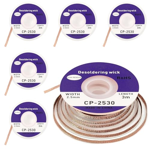 Gotanc 5 Stück Entlötlitze, Kupfer Entlötdraht 2.5mm X 3M, Ideal zum Entlöten und Entfernen von Lötzinn an Lötstellen, Hohe Wärmeleitfähigkeit Lötlitze