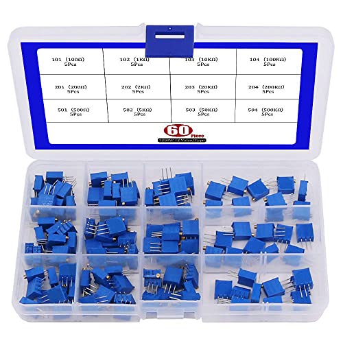 RUNCCI-YUN 12 Werte 60 Stück 3296W Trimmer Potentiometer Kit,drehpotentiometer Variable Widerstand Hoch Präzisions Widerstände （100Ω 1kΩ 10kΩ 100kΩ 200Ω 2kΩ 20kΩ 200kΩ 500Ω 5kΩ 50kΩ 500kΩ）