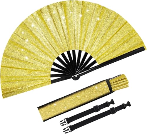 Glitter Kung Fu Handventilator mit Tasche 33 cm Bambusrahmen (Gold)