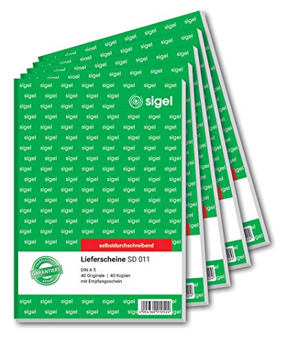 SIGEL SD011 Lieferscheine A5, 2x40 Blatt, selbstdurchschreibend, 5er Pack, Lieferscheinblock, mit Empfangsschein, mikroperforiert