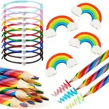 Tenare 30 Stück Regenbogen Schreibwaren Set inklusive 10 Regenbogen Buntstifte 10 Regenbogen Radiergummis 10 Verstellbare Herz Seil Armbänder für Kinder Damen Party Regenbogen Mitgebsel