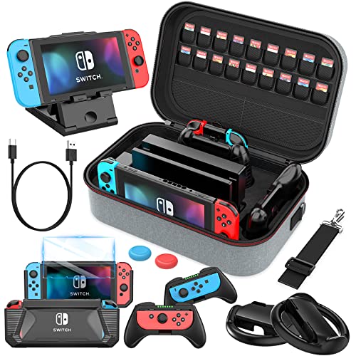 Mooroer Switch Zubehör Kit Tasche für Nintendo Switch,12 in 1 Switch Tragetasche,PlayStand, Lenkrad, Griff, Bildschirmschutz, Schutzhülle,Daumengriffe,Ladekabel,Grau