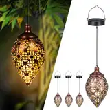 Görvitor Solarlaterne für Außen 4 Stück, Metall Solar Laterne für Draußen IP44 Wasserdicht, Orientalische Solarlampen für Außen Hängend für Gartendeko Terrasse Patio Baum Camping Rasen(Olivenform)