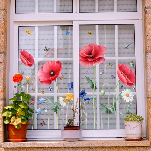 WandSticker4U®- wiederverwendbar Fensterbilder Mohnblumen Rot I Fenster Aufkleber 88 x 57 cm I Blume Schmetterling Wiese I Fenstersticker Kinder-Zimmer selbstklebend Mädchen & Junge Deko