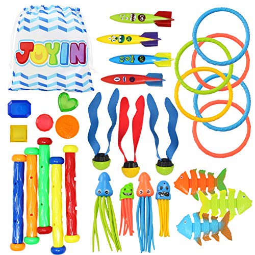 JOYIN 30 Stück Tauchen Spielzeug Unterwasser, Kinder Tauchspielzeug Set: 5 Tauchstäbe, 6 Tauchringe, 5 Piratenschätze, 4 Toypedo Banditen, 3 Algenspielzeug, 3 Fischspielzeug, 4 Krake