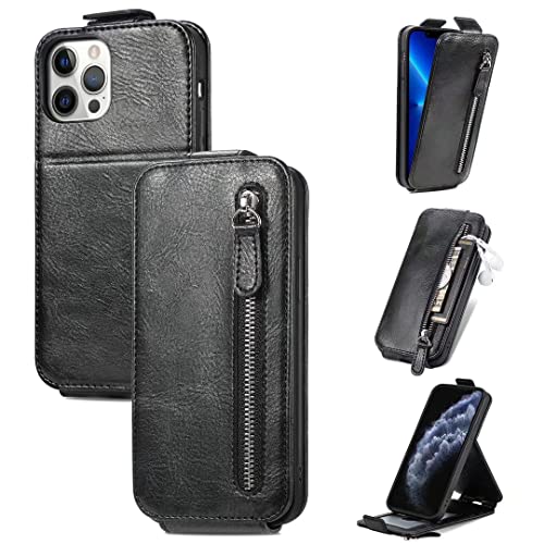 Hülle Case für Realme C65, Reißverschluss Premium Leder Realme C65 Flip Handyhülle Handytasche Schutzhülle Etui Tasche mit Kartenfach Ständer Magnetverschluss Schwarz