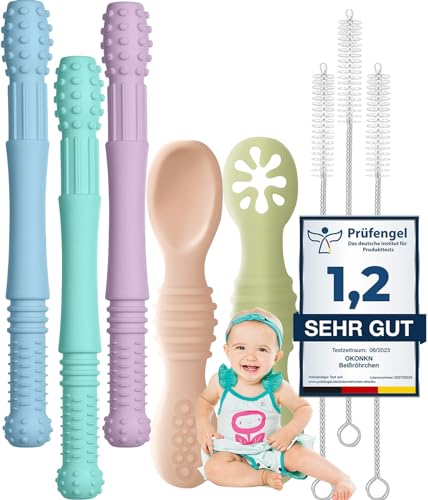 OKONKN Beißröhrchen Baby 5er-Set Zahnungshilfe Baby 3+2 Esslernlöffel Baby Beißring Baby Bpa-Frei Silikon Baby Zubehör Für Jungen Und Mädchen Ab 3 Monaten+A