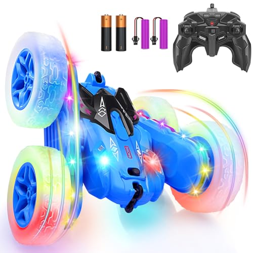 SGILE Ferngesteuertes Auto, RC Stunt Auto mit LED-Lichtern, 2,4Ghz Doppelseitiges 360° drehendes RC Auto, wiederaufladbares RC Auto Kinderspielzeug für Jungen Mädchen Geburtstagsgeschenk, Blau