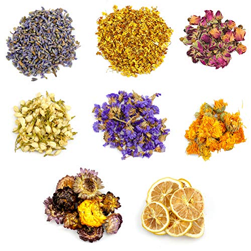 Dreamtop Getrocknete Blumen Trockenblumen Set für Seifenzubehör Kerzenherstellung Badebomben-Zitronenscheibe, Strohblume, Osmanthus, Jasmin, Rose, Vergissmeinnicht, Ringelblume, Lavendel(8 Beutel)