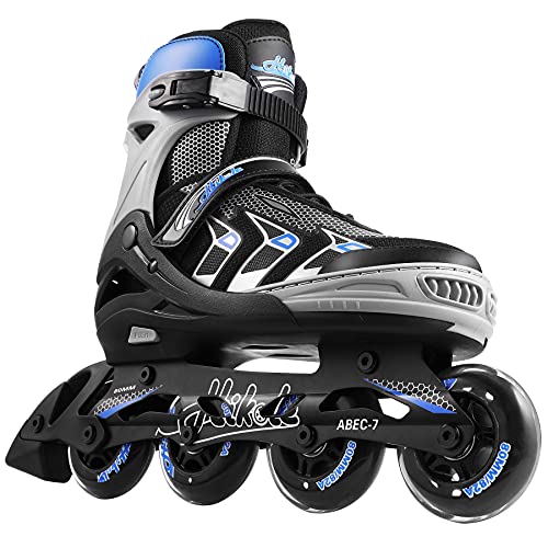 Hikole verstellbare Inline-Skates für Erwachsene und Jugendliche, sichere Outdoor-Rollschuhe für Damen Herren Mädchen Jungen (Blau Schwarz, XL(41-44))