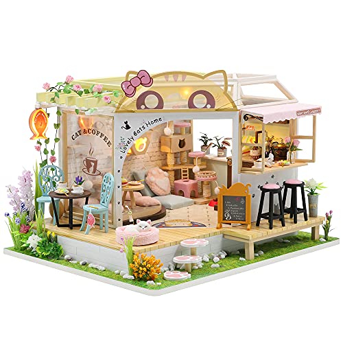 CUTEBEE Puppenhaus Miniatur mit Möbeln, Idee DIY hölzernes Puppenhaus-Kit, Maßstab 1:24 kreativer Raum(Cat Coffee)…