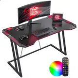 CubiCubi Gaming Schreibtisch, 120 x 60 cm Esport Ergonomischer Computertisch Tisch mit Kohlefaseroberfläche und LED, stabiles Z-Gestell, Kopfhörerhaken zum Spielen, Lernen, Schwarz