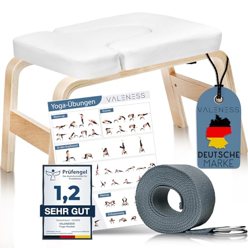 VALENESS® Yoga Kopfstandhocker - Hochwertiger Yoga Hocker inkl. Yogagurt, Yogablock & Übungsposter - Yoga Stuhl zur Handstand-Übung aus massivem Naturholz - Yoga Ausrüstung für Zuhause…