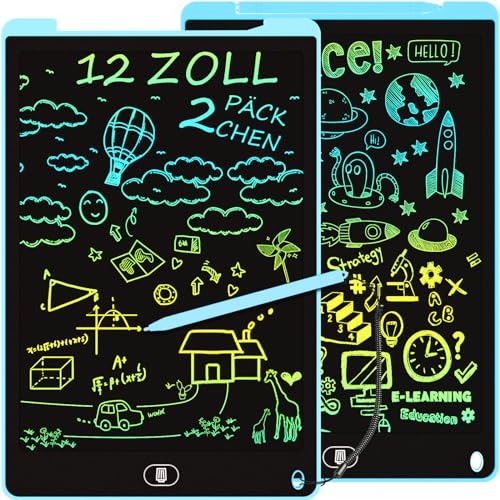 Bunte LCD Schreibtafel 12 Zoll, Zeichentafel LCD Writing Tablet mit Sperr-& Löschfunktion, Augenschutz-Kritzelblock, Spielzeug & Geschenke für Kinder 3-12 Jahre zu Hause, Schule - 2 Pack Blau