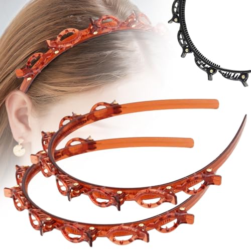 Hairband with Clips, 2024 Neuestes 2 Stück Haarreifen mit Klammern Twist Braid Headband, Stirnband Haarhalter Haarschmuck Haarband für Styling von Kurzen und Langen Haaren (Braun, Norm)