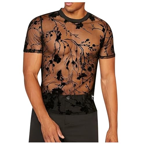 Mymyguoe Netz Shirt Herren Transparent Mesh Oberteil Netzshirt Kurzarm Sommerhemd Rundkragen Kurzarm Shirt Clubwear Atmungsaktives Netzhemd Fischnetz T Shirt Sexy Muskelshirts Sommerhemd