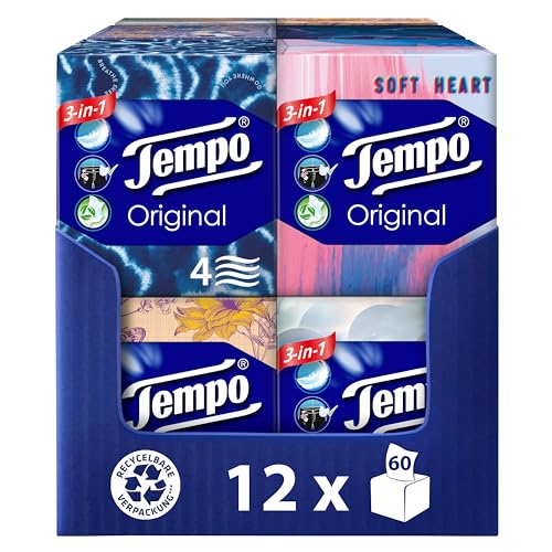 Tempo Original Taschentücher Würfelbox - Megapack - 12 Boxen, 60 Tücher pro Box - extra starke, weiche Papiertaschentücher, waschmaschinenfest