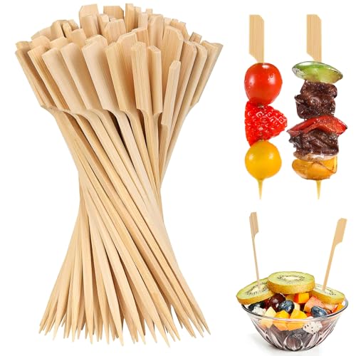 Grillstäbchen,100 Stücke Spieße Fingerfood Cocktailspieße Spiesse für Snacks Natürlichen Bambus-Paddel-Spieße Paddle Bambusspieße für Barbecue,Cocktail,Vorspeisen,Obst,(15 cm) (gelbe Farbe)
