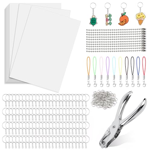 VMUTGA 246 Stück Schrumpffolie Set, 25 Blätter Schrumpfpapier Durchscheinend Schrumpffolie Basteln Set mit Locher Schlüsselanhänger Perlenkette Karabinerverschluss für DIY Basteleien Dekorationen