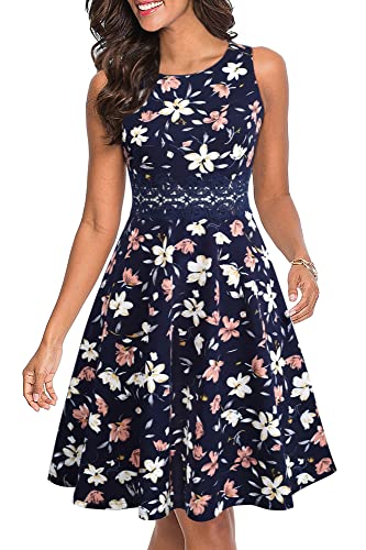 HOMEYEE Damen Vintage Rundhalsausschnitt ärmellosen Blumen Bestickt knielangen Cocktailkleid UKA079 (EU 44 = Size XXL, Dunkelblau + Floral)