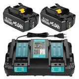 2X 18V 5000mAh Ersatzakku + 6A DC18RD Dual Port Ladegerät Kompatibel mit Makita 14.4V-18V BL1830 BL1850 BL1860 BL1840 etc Werkzeugakku und DC18RD DC18RC DC18SF DC18RA DC18RF Ladegerät