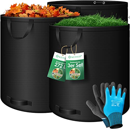 KESSER® Gartensack 3x 272L Set Laubsack Gartenabfallsack inkl. Handschuhe - Selbststehend 4 Griffe Stabil Robust & Faltbar - Laubsäcke Rasenschnitt für Gartenabfälle Grünschnitt Schwarz