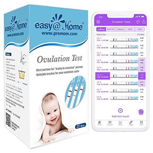 Easy@Home 25 Ovulationstest Kinderwunsch Fruchtbarkeitstest für Frauen Eisprung 25 mIU/ml, Zuverlässige Zyklus- und Fruchtbarkeit Überwachung mit Premom Ovulation APP, 25 LH Test