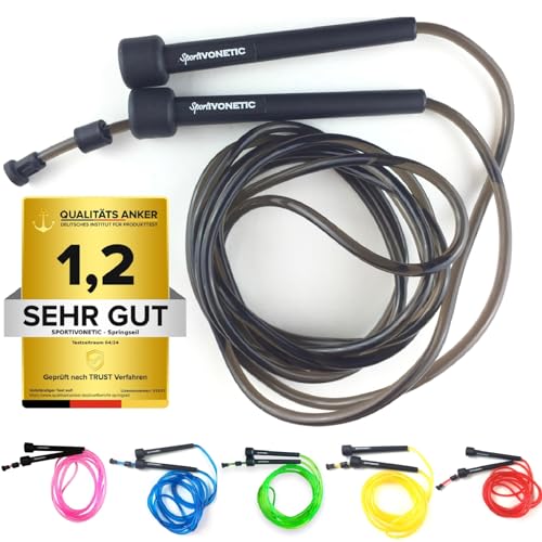 SPORTIVONETIC® Premium Springseil für Erwachsene & Kinder, Damen & Herren-für Fitness, Crossfit, Sport, Boxen und Freizeit - Verstellbare Größe - mit Einstellklammer - Speed Rope, Jump Rope (Schwarz)