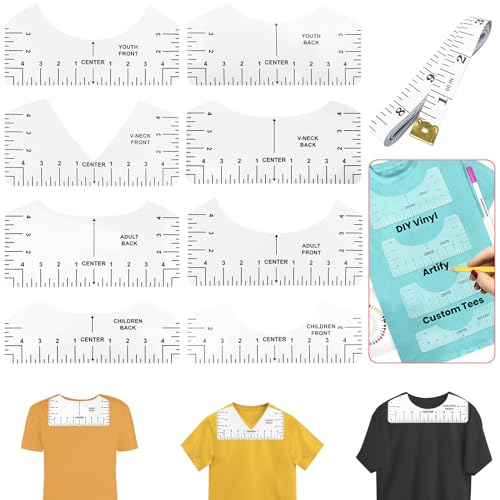 Baxcdyswe T-Shirt Ausrichtungslineal, 8 Stücke Weiß Schablonen-Lineal, sockenlineal plotten bügellineal hitzebeständig, T-Shirt Ausrichtung Lineal und ein 1.5m Maßband für Erwachsene Kinder und Jugend