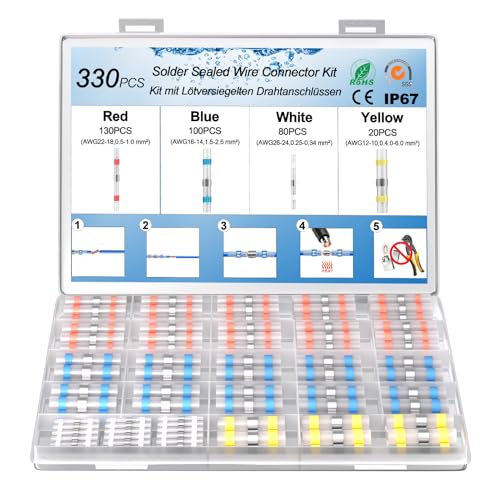 AIVORO 330 Stück Lötverbinder, 10-26 AWG Stossverbinder 0,25-6,0 MM², Kabelverbinder Wasserdicht Set, Lötverbinder mit Schrumpfschlauch, Geeignet für Autos und Schiffe, Schrumpfverhältnis 3:1