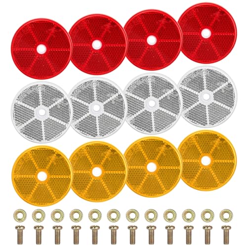 RISF 12 Stück Rund Rückstrahler, 60mm Katzenaugen Anhänger in 3 Farben, Seitenstrahler Anhänger, Inklusive M5 Schrauben + Muttern für Anhänger LKW Wohnwagen Mit E-Prüfzeichen (Orange, Weiß, Rot)