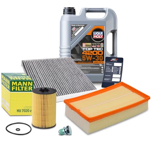 BESTPRICE Inspektionspaket Filterset mit 1x Ölfilter; 1x Luftfilter; 1x Innenraumfilter (Aktivkohle); 1x Ölablassschraube mit Dichtring; 1x Motoröl 5W-30 Top Tec 4200 5 l; 1x Ölwechselanhänger