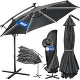 KESSER® Alu Ampelschirm LED Solar Ø350cm Inkl. Abdeckung Fernbedienung Kurbelvorrichtung Kurbelschirm mit Ständer 360° Funktion UV-Schutz Aluminium Wasserabweisend Garten-Schirm Marktschirm Anthrazit
