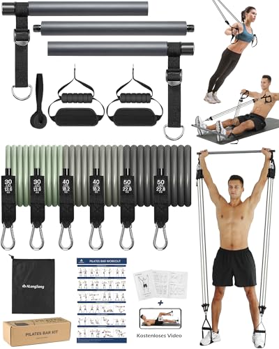 ALongSong Fitnessbänder Pilates Bar Set mit 6 Widerstandsbänder 30/40/50lbs, Resistance Bands Verstellbare und Abnehmbare, Pilates-Stange, Griffe, Türanker (Grau, 30/40/50lbs)