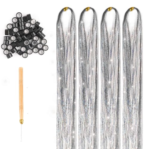 800 Hair Tinsel,120cm Glitzer Haarsträhnen Lametta,Haar Lametta mit Werkzeug,Silber Glitzer Haarverlängerung zum Flechten,Sparkle Tinsel Hair Extensions für Frauen Mädchen Kinder Cosplay Party Zubehör